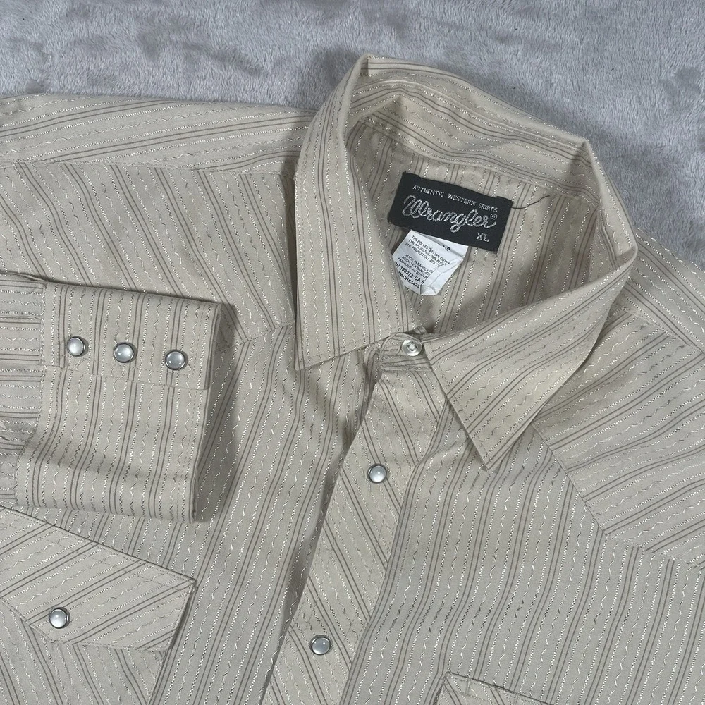 Wrangler Men Sport Western‎ Dobby Stripe Pearl Snap Shirt XL Tan Long Sleeve